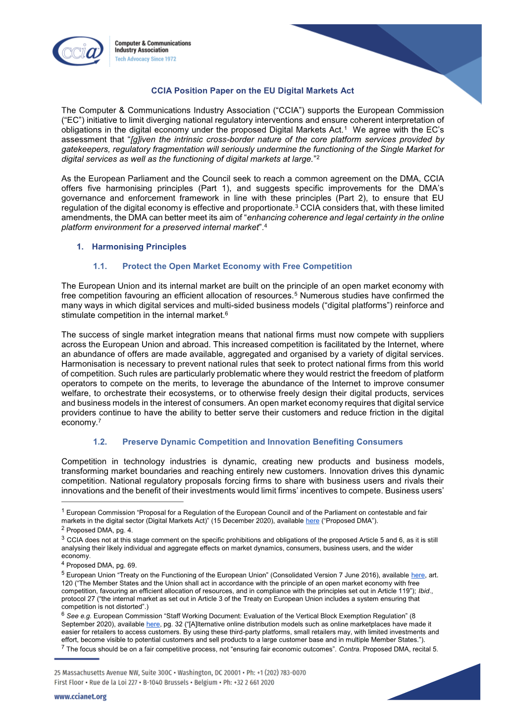 CCIA Position Paper on the EU Digital Markets Act the Computer & Communications