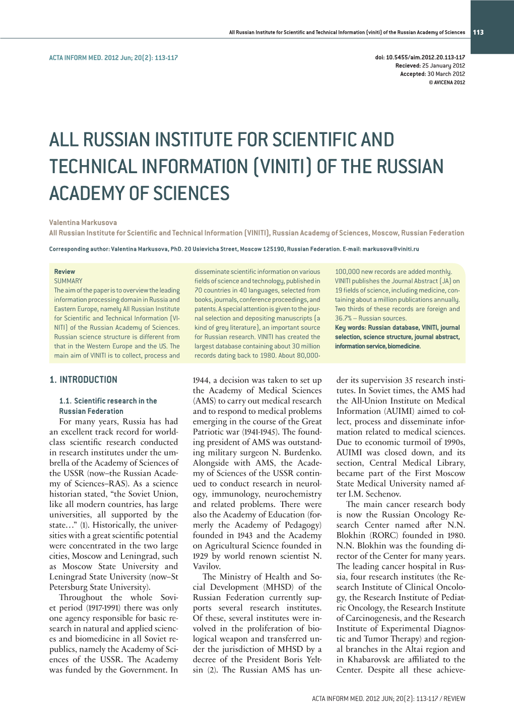 (Viniti) of the Russian Academy of Sciences 113