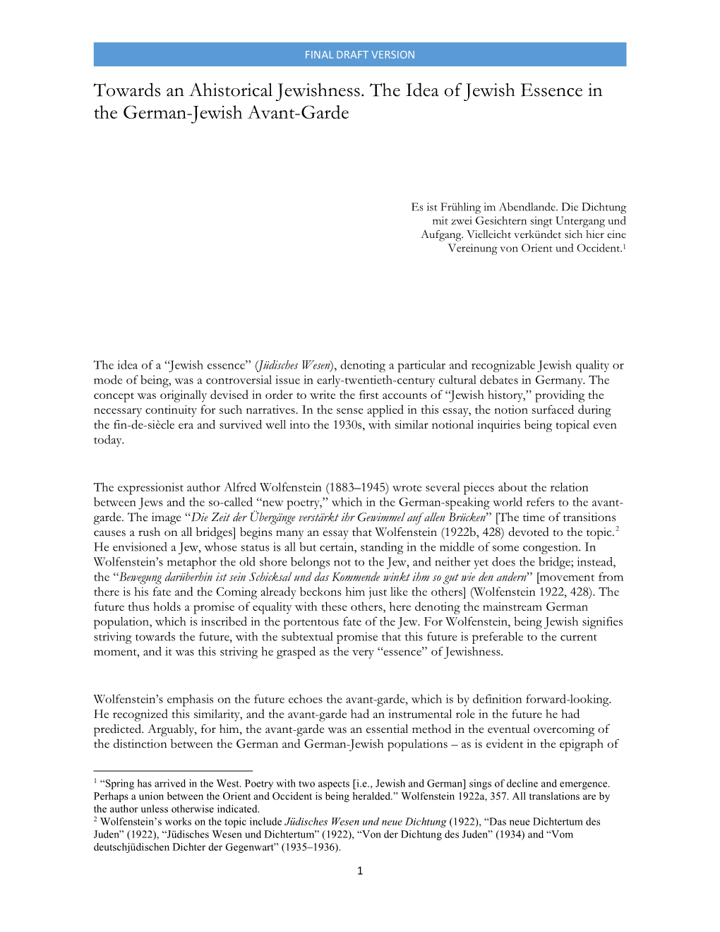 Towards an Ahistorical Jewishness. the Idea of Jewish Essence in the German-Jewish Avant-Garde