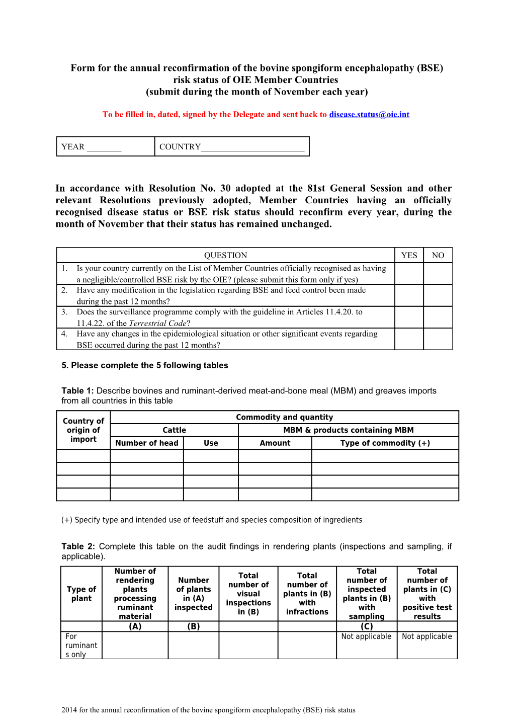 Short Questionnaire for the Annual Reconfirmation of the CBPP Disease Status of OIE Members s1