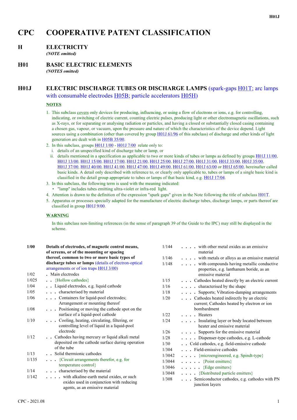 Spark-Gaps H01T; Arc Lamps with Consumable Electrodes H05B; Particle Accelerators H05H) NOTES 1