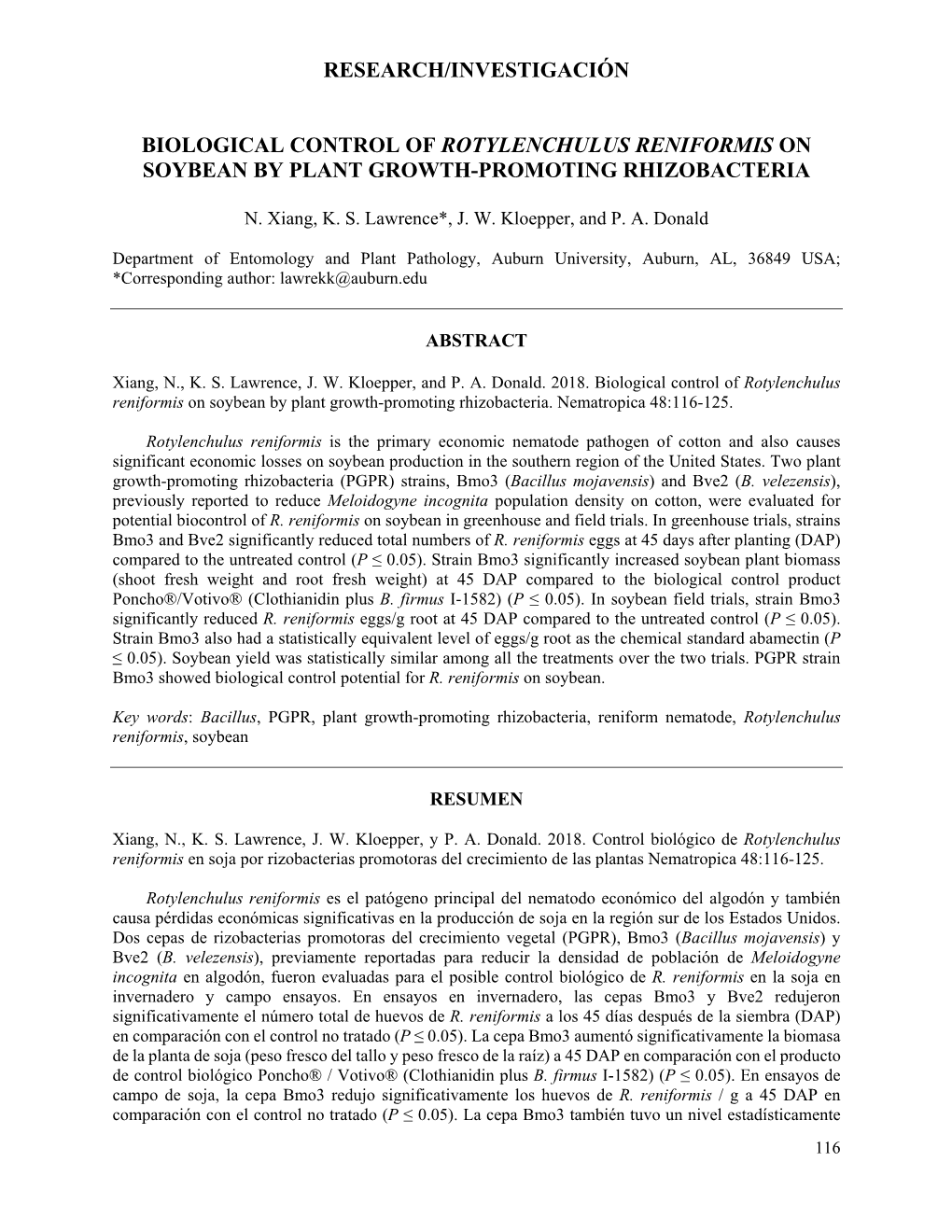 Research/Investigación Biological Control of Rotylenchulus Reniformis