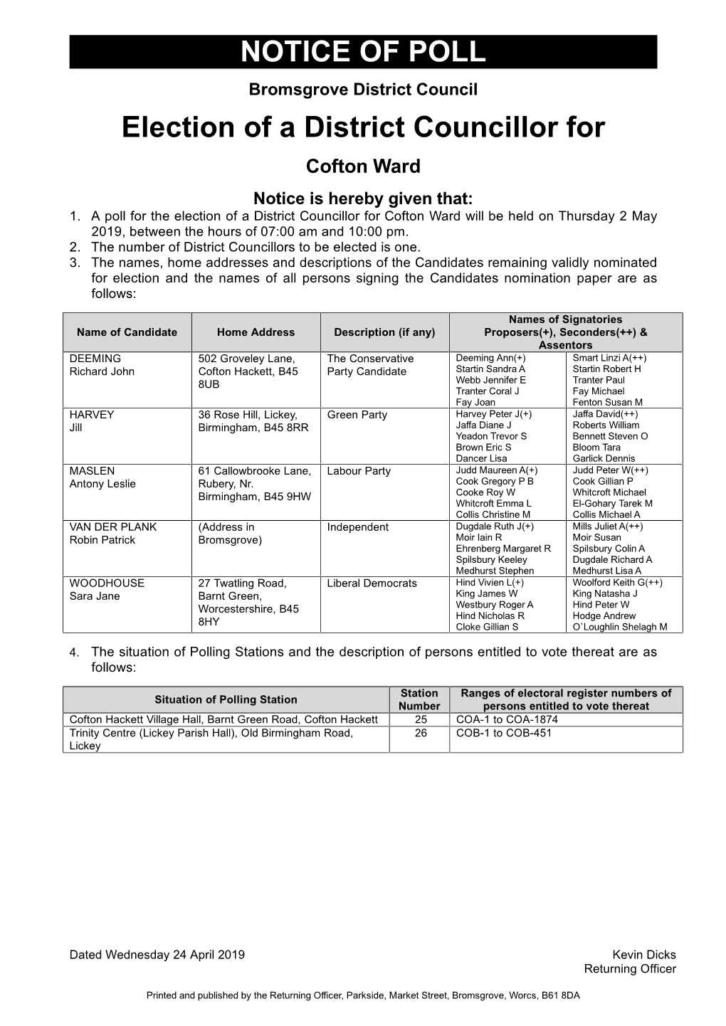 NOTICE of POLL Election of a District Councillor