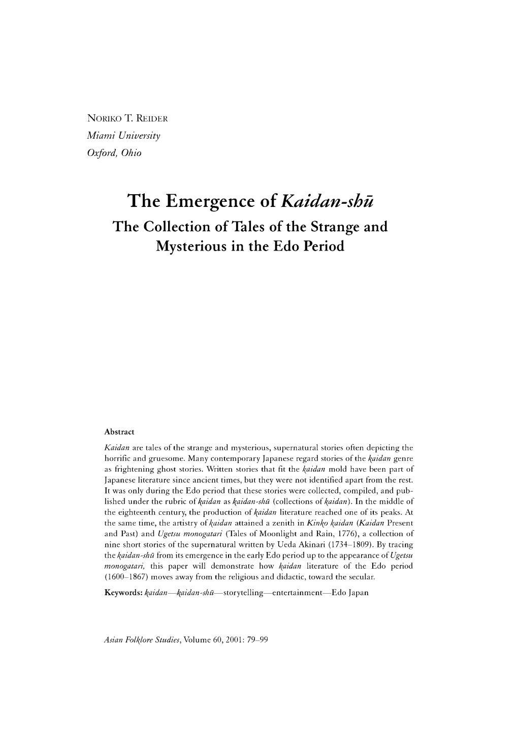 The Emergence of Kaidan-Shu the Collection of Tales of the Strange and Mysterious in the Edo Period