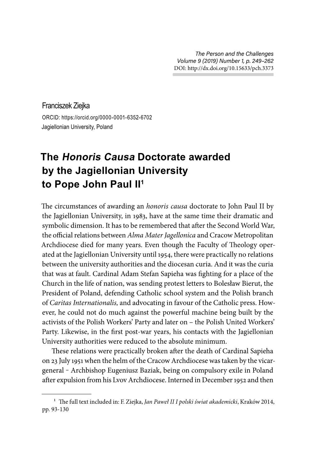 The Honoris Causa Doctorate Awarded by the Jagiellonian University to Pope John Paul II1