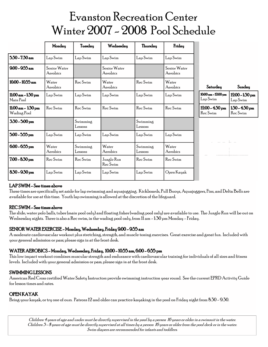 Evanston Recreation Center Winter 2007 - 2008 Pool Schedule