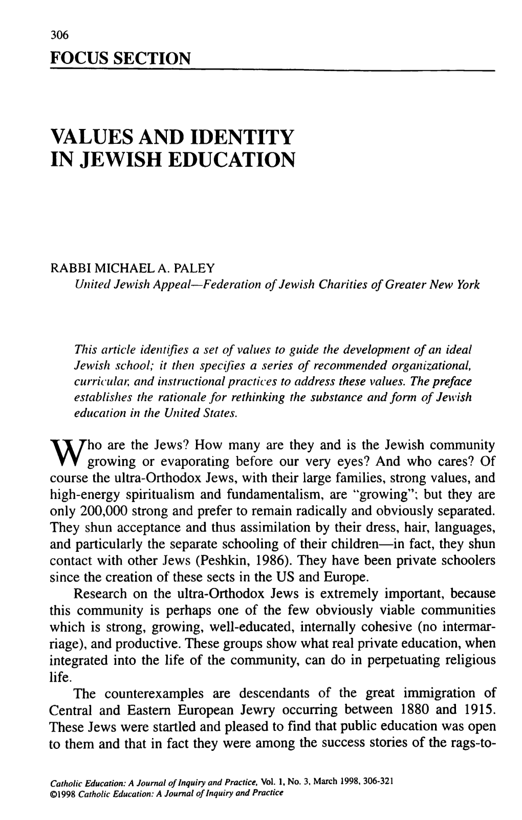 Values and Identity in Jewish Education
