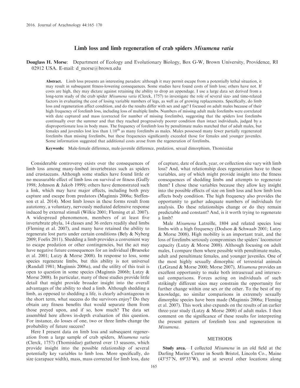 Limb Loss and Limb Regeneration of Crab Spiders Misumena Vatia