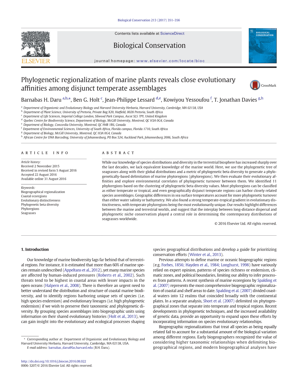 Phylogenetic Regionalization of Marine Plants Reveals Close Evolutionary Afﬁnities Among Disjunct Temperate Assemblages