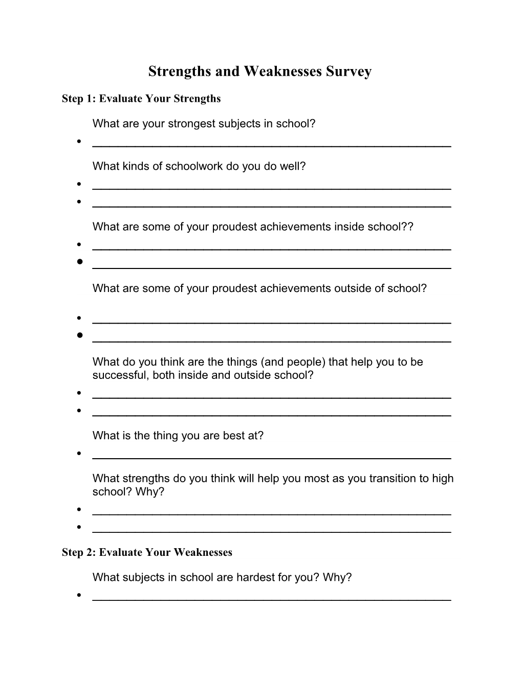 High School Transition Strengths Weaknesses Survey