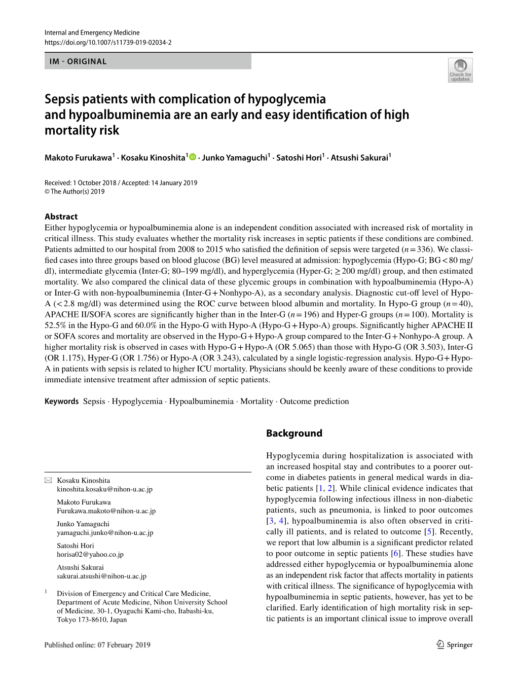 Sepsis Patients with Complication of Hypoglycemia and Hypoalbuminemia Are an Early and Easy Identifcation of High Mortality Risk