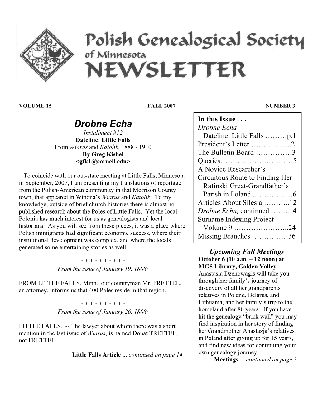 Drobne Echa Drobne Echa Installment #12 Dateline: Little Falls ………P.1 Dateline: Little Falls