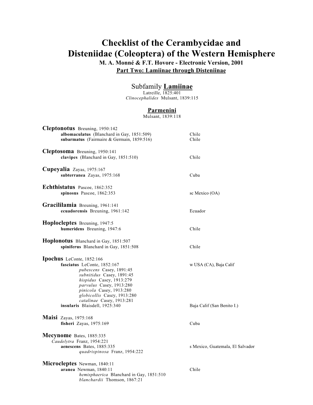 Checklist of the Cerambycidae and Disteniidae (Coleoptera) of the Western Hemisphere M