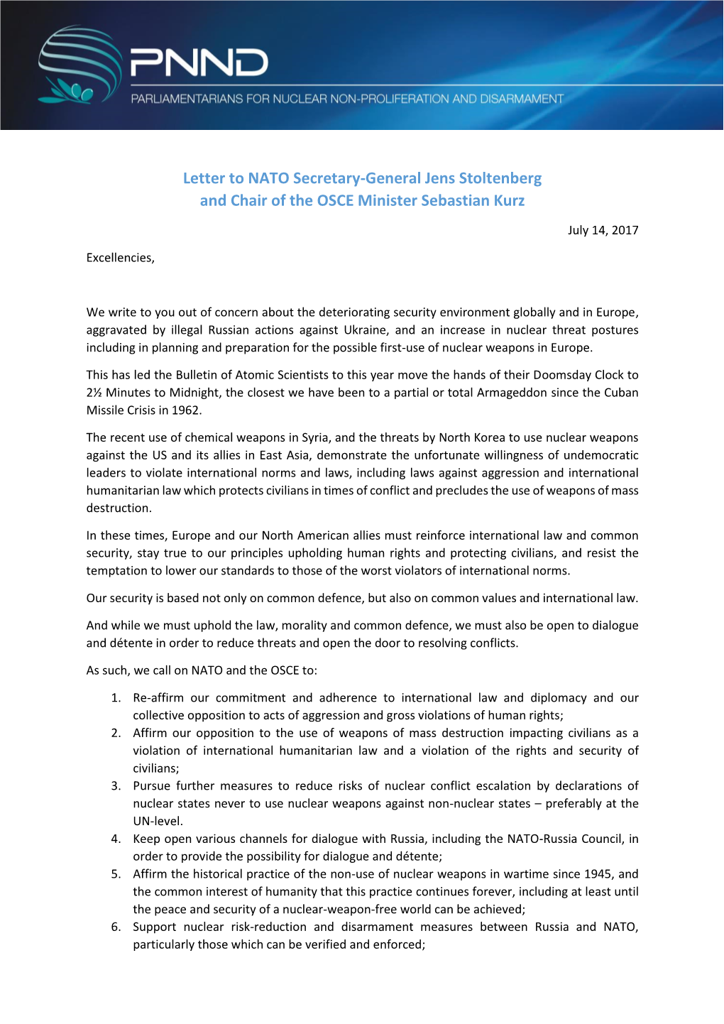 Letter to NATO Secretary-General Jens Stoltenberg and Chair of the OSCE Minister Sebastian Kurz