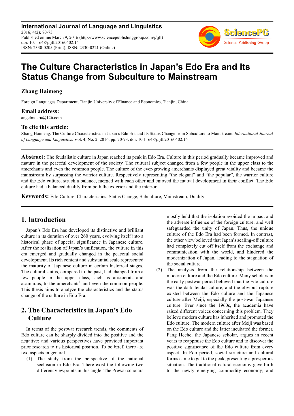 The Culture Characteristics in Japan's Edo Era and Its Status Change from Subculture to Mainstream