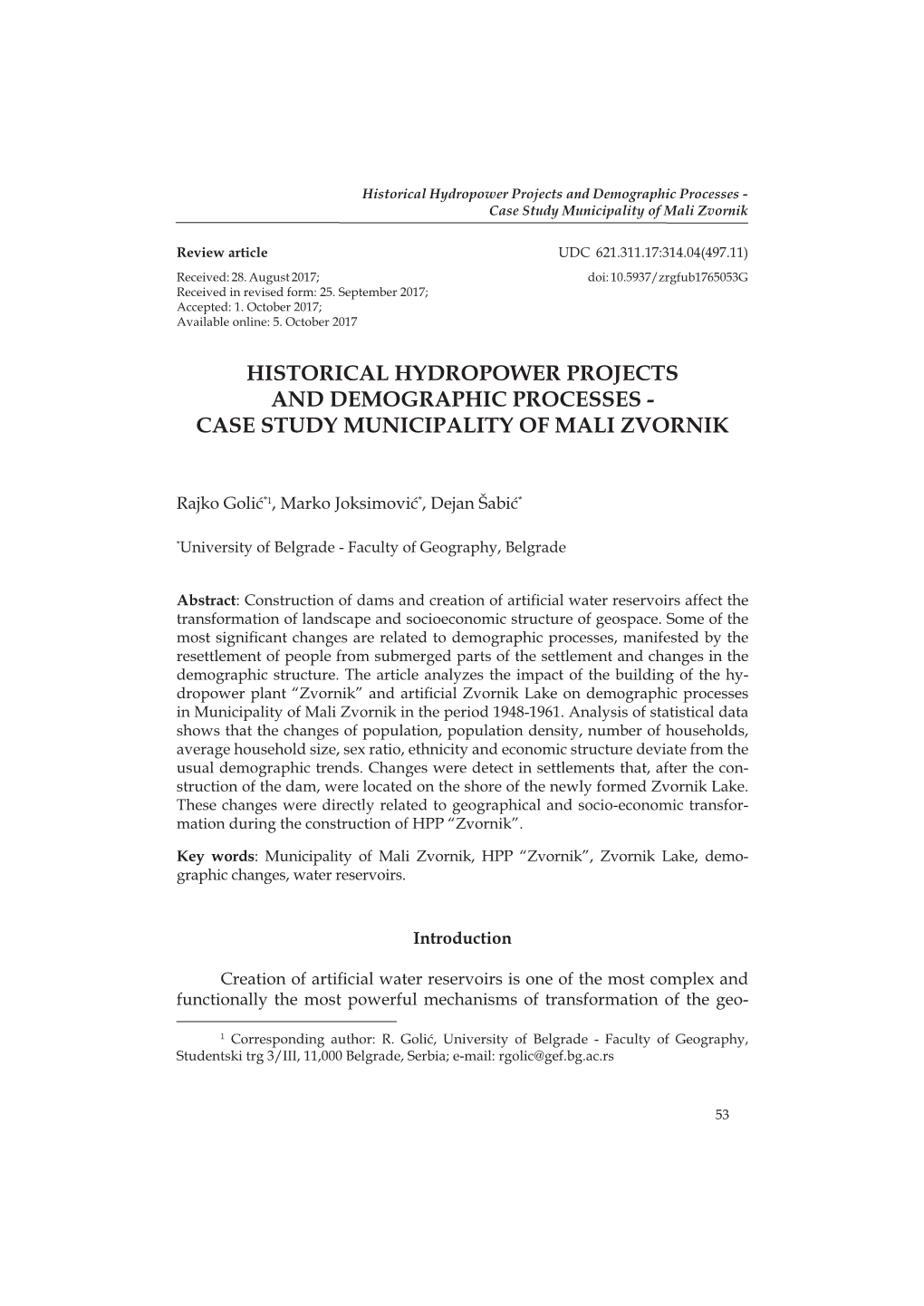 Historical Hydropower Projects and Demographic Processes - Case Study Municipality of Mali Zvornik