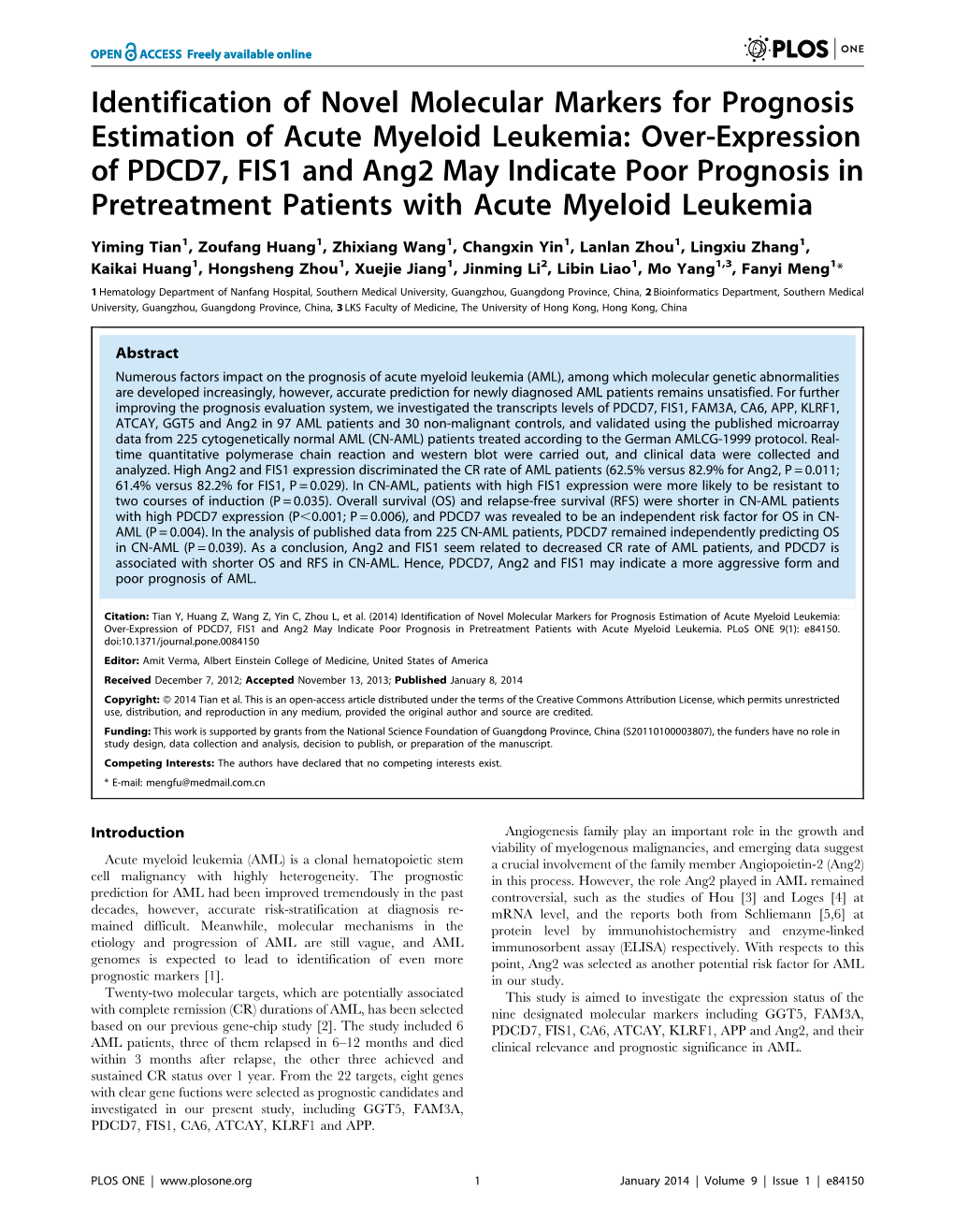 Identification of Novel Molecular Markers for Prognosis Estimation of Acute Myeloid Leukemia