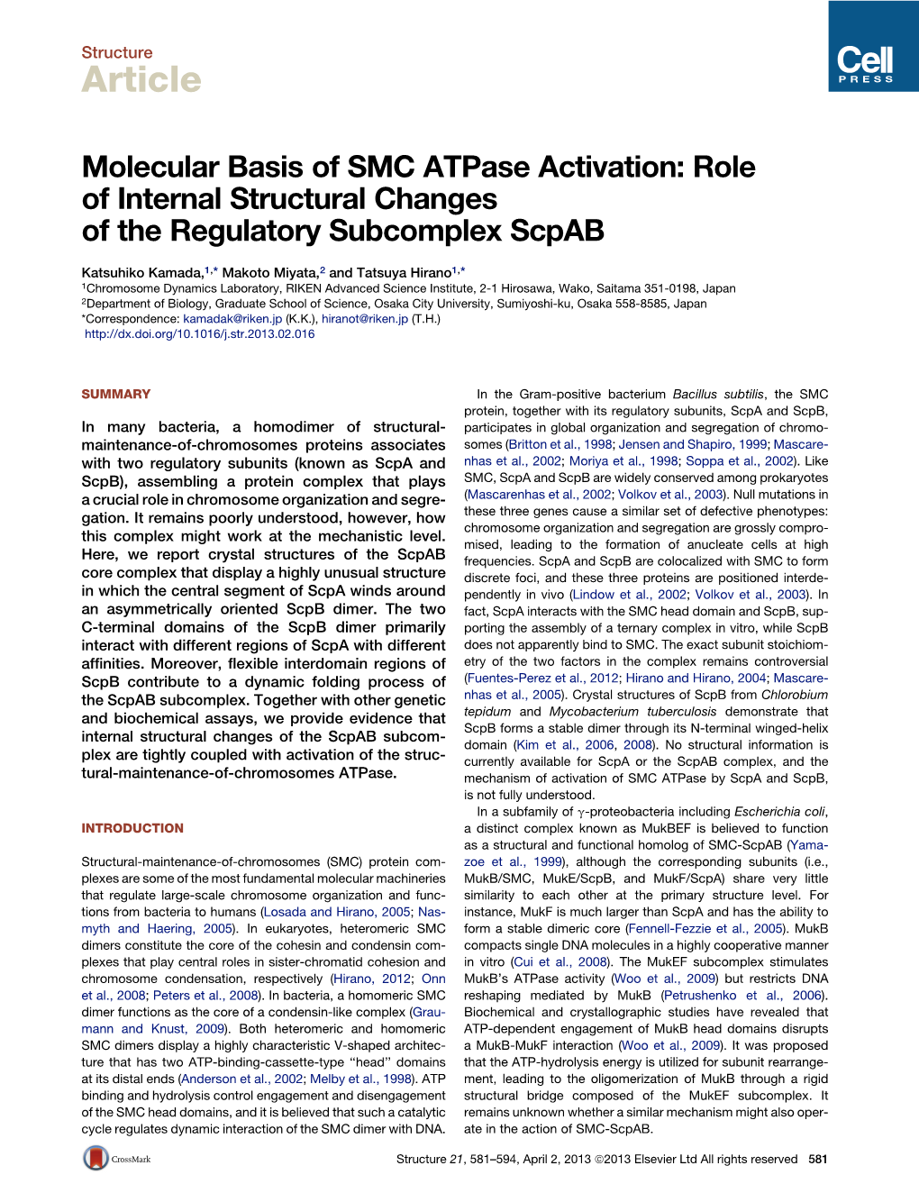 Molecular Basis of SMC Atpase Activation: Role of Internal Structural Changes of the Regulatory Subcomplex Scpab