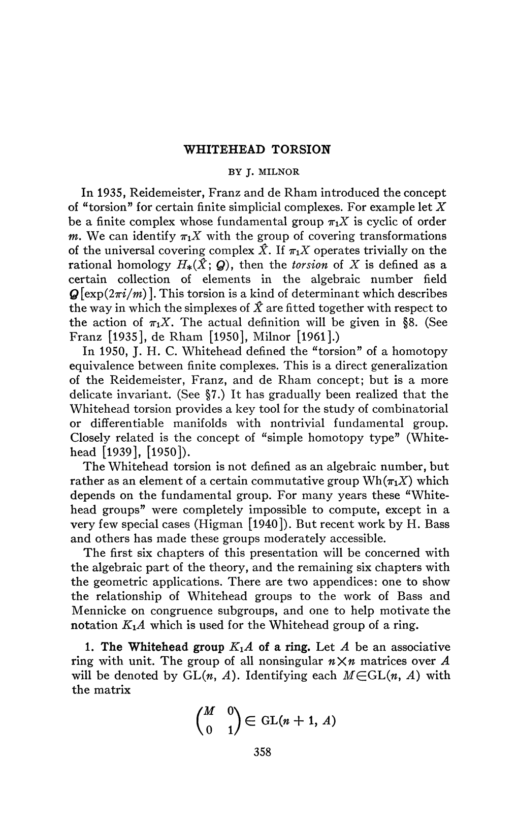 WHITEHEAD TORSION in 1935, Reidemeister, Franz and De Rham