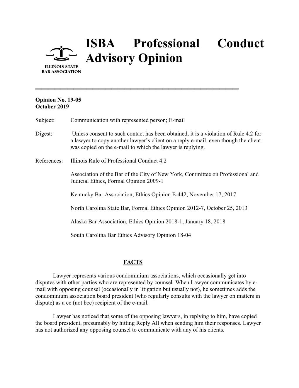 ISBA Professional Conduct Advisory Opinion ______