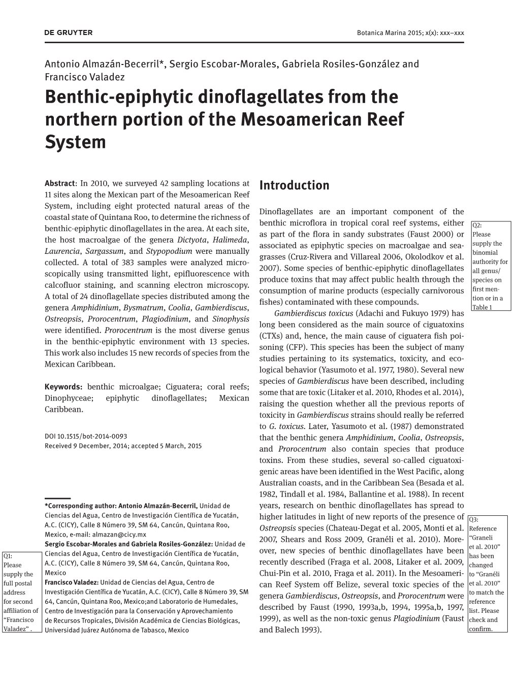 Benthic-Epiphytic Dinoflagellates from the Northern Portion of the Mesoamerican Reef System