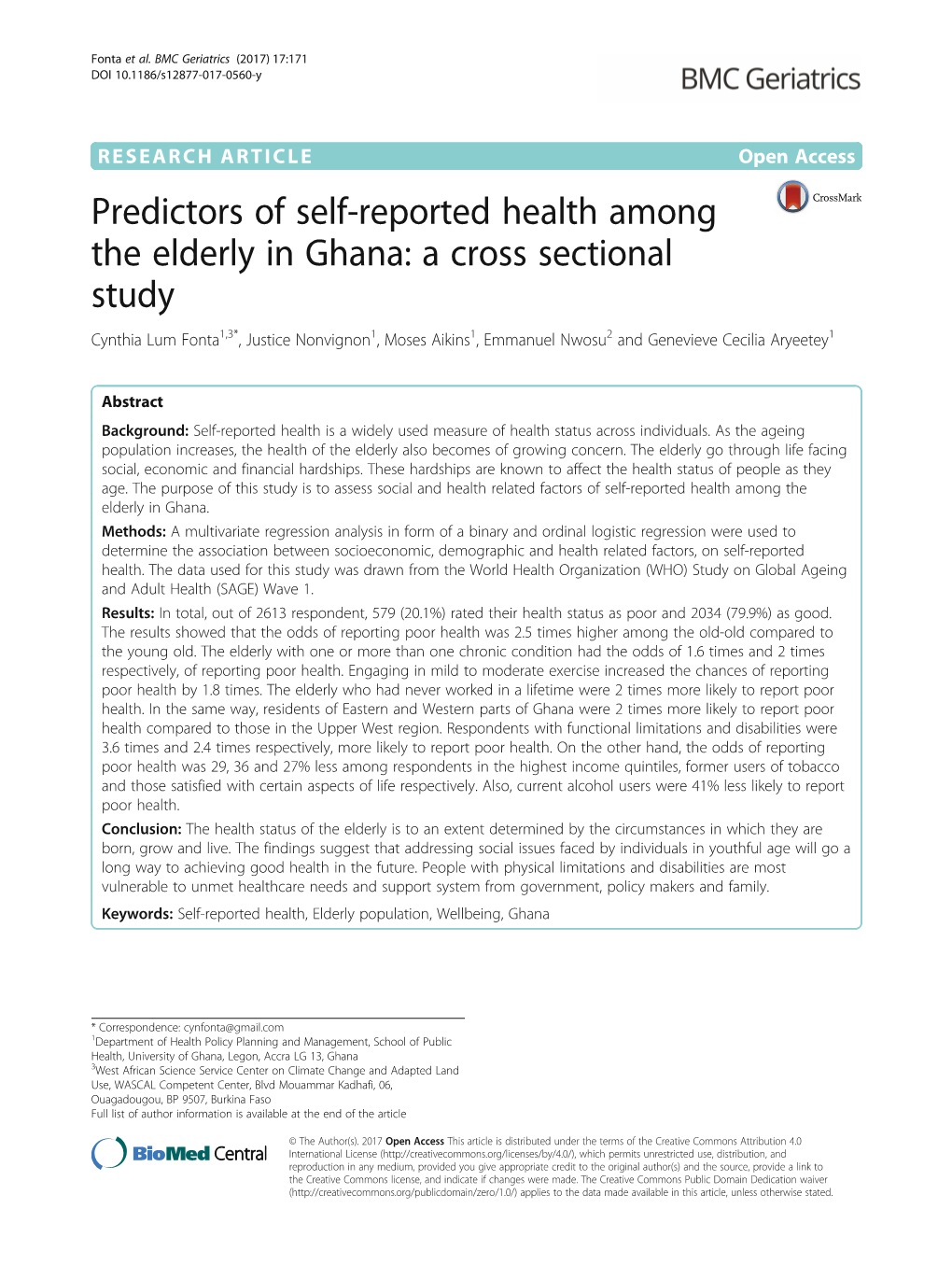 Predictors of Self-Reported Health Among the Elderly in Ghana: A