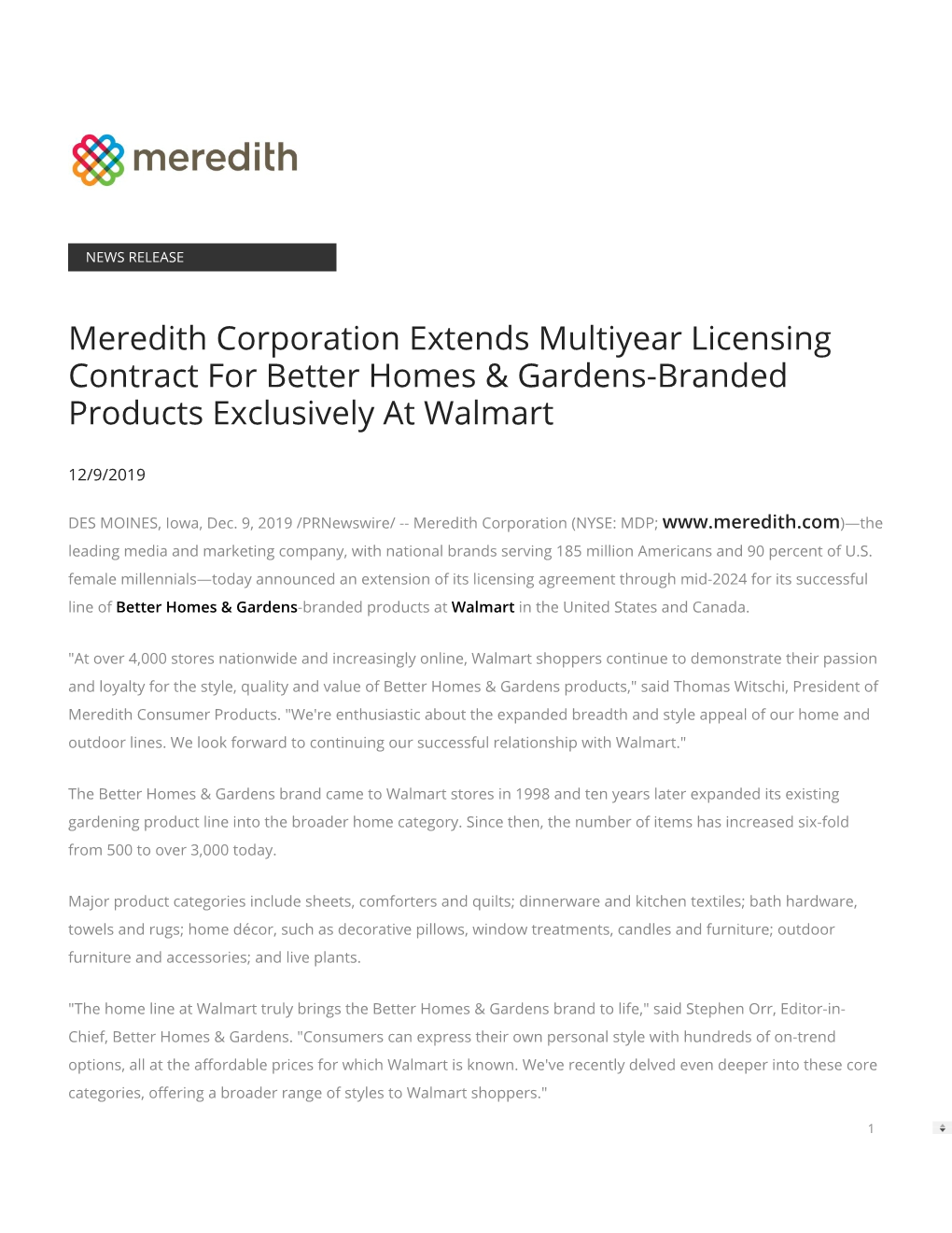 Meredith Corporation Extends Multiyear Licensing Contract for Better Homes & Gardens-Branded Products Exclusively at Walmart