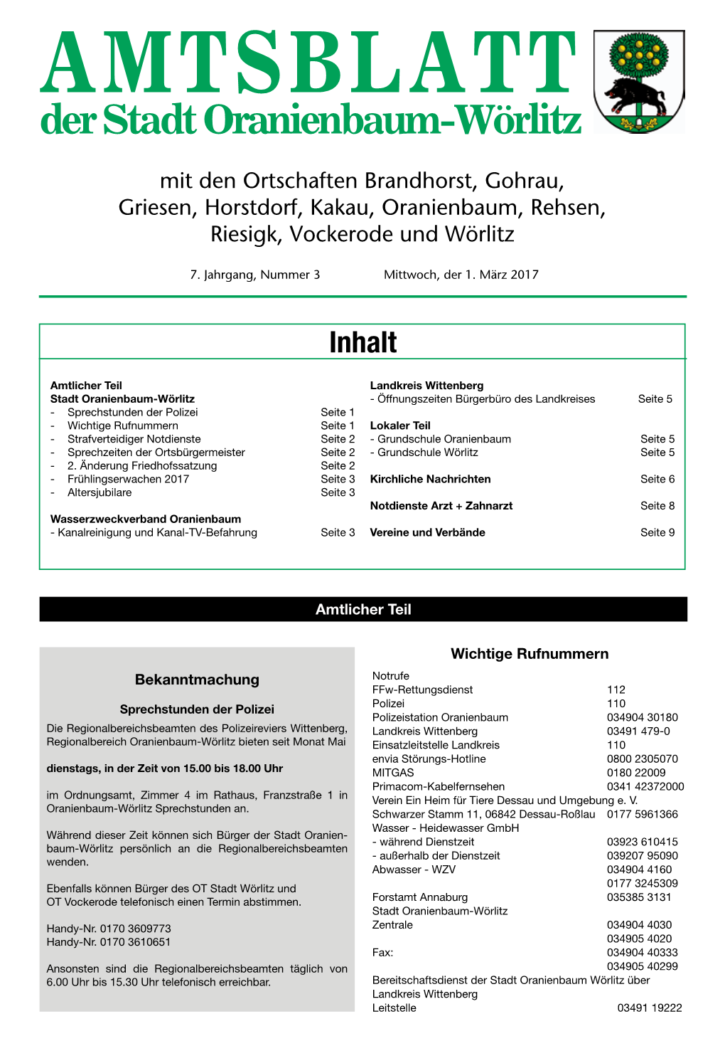 Mit Den Ortschaften Brandhorst, Gohrau, Griesen, Horstdorf, Kakau, Oranienbaum, Rehsen, Riesigk, Vockerode Und Wörlitz