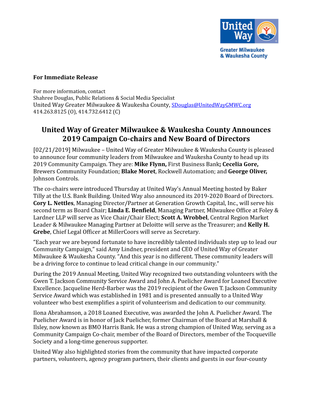 United Way of Greater Milwaukee & Waukesha County Announces