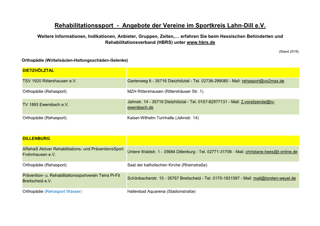 Rehabilitationssport - Angebote Der Vereine Im Sportkreis Lahn-Dill E.V