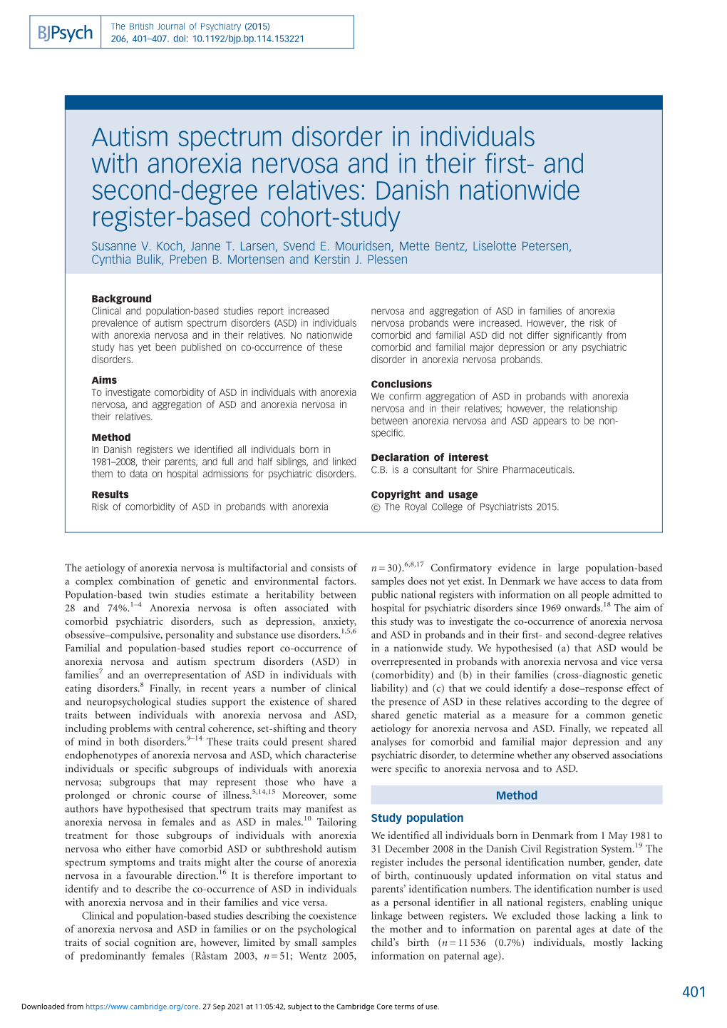 Autism Spectrum Disorder in Individuals with Anorexia Nervosa and in Their First- and Second-Degree Relatives: Danish Nationwide Register-Based Cohort-Study Susanne V