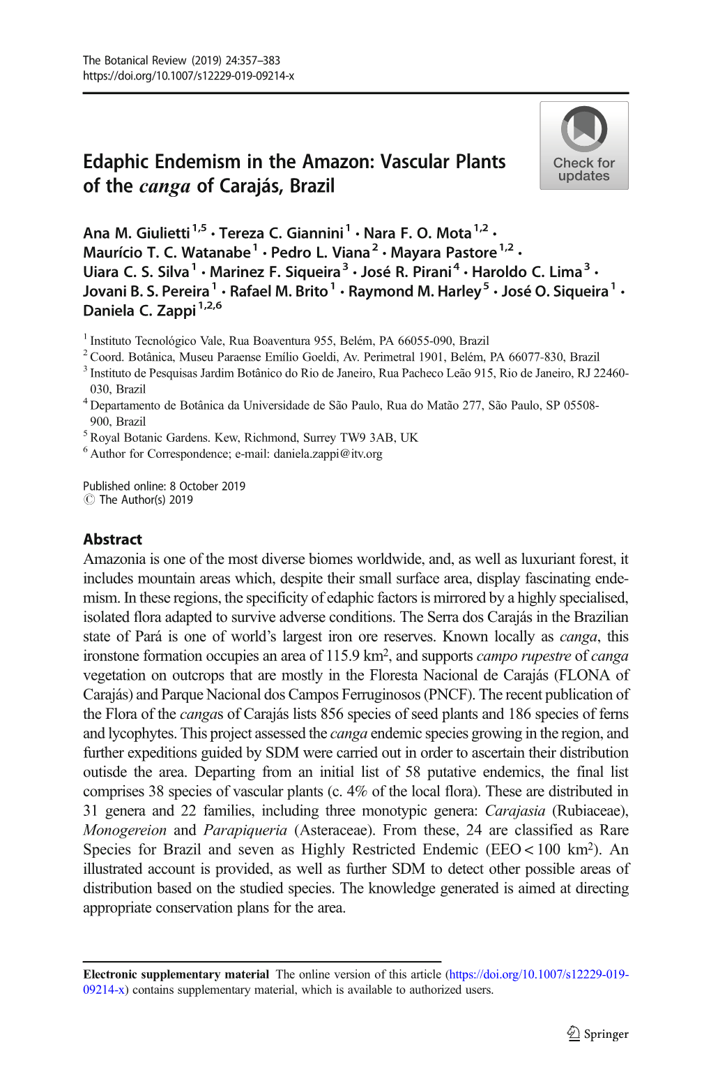 Edaphic Endemism in the Amazon: Vascular Plants of the Canga of Carajás, Brazil