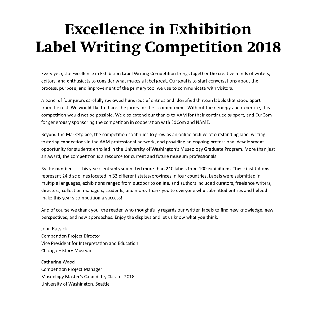 Excellence in Exhibition Label Writing Competition 2018