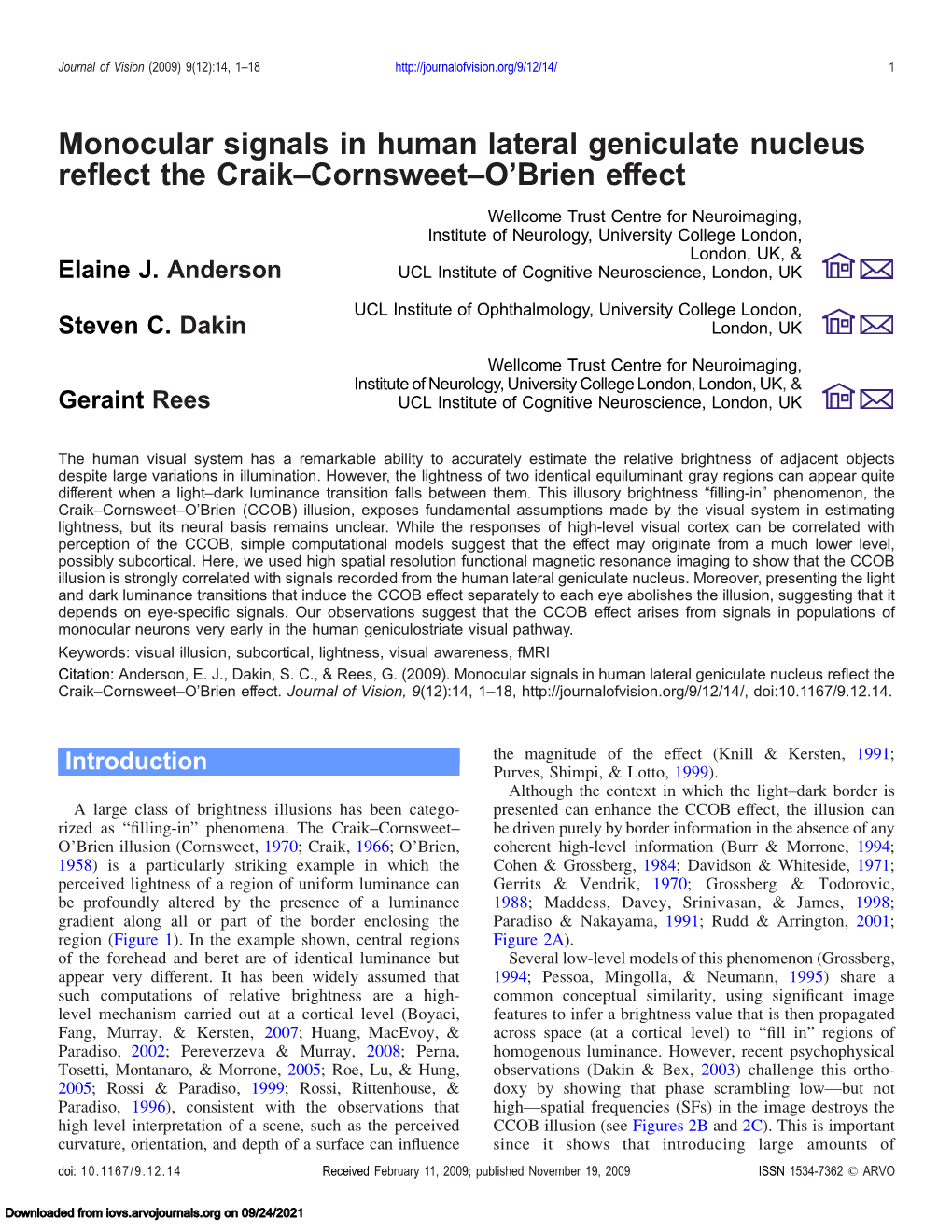 Monocular Signals in Human Lateral Geniculate Nucleus Reflect the Craik–Cornsweet–O'brien Effect