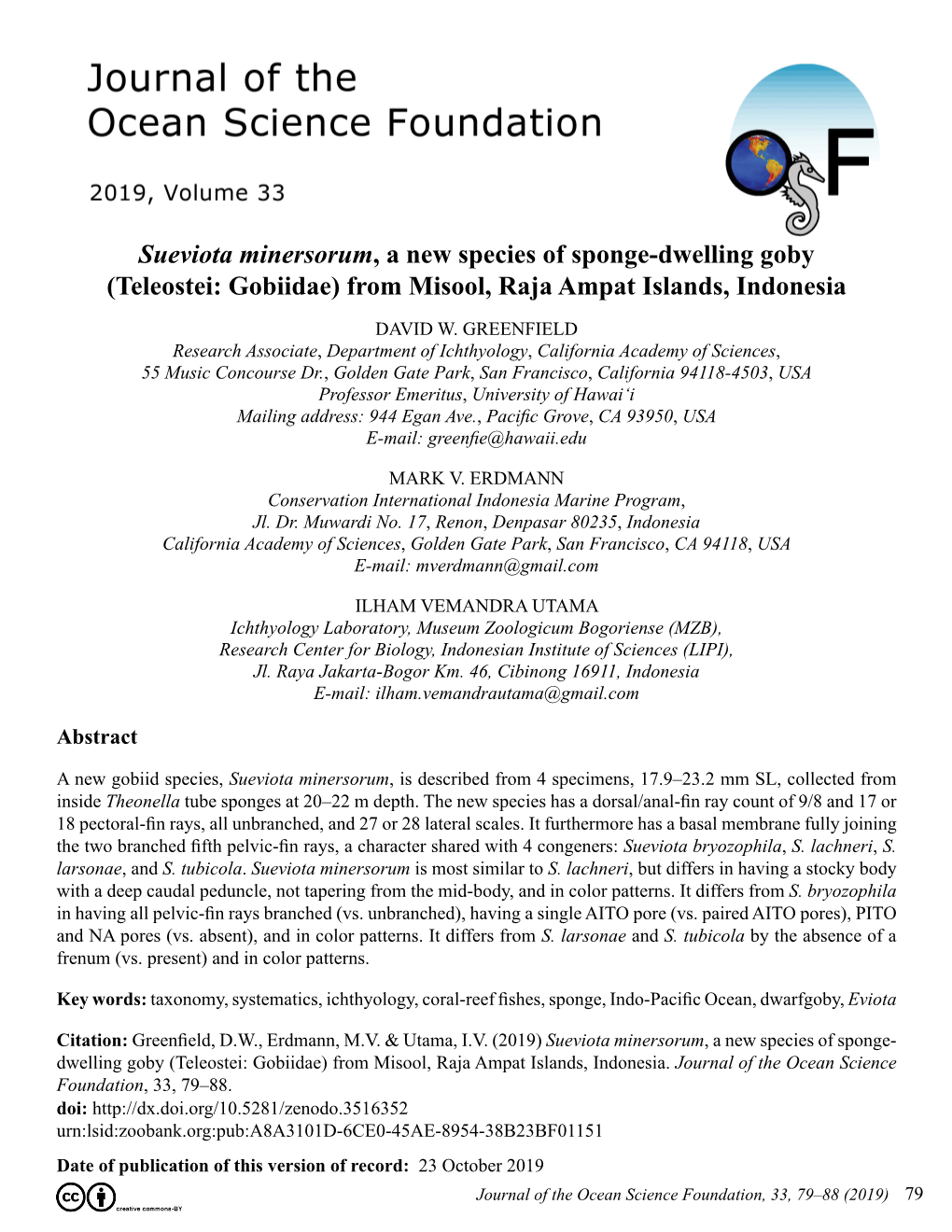 Sueviota Minersorum, a New Species of Sponge-Dwelling Goby (Teleostei: Gobiidae) from Misool, Raja Ampat Islands, Indonesia