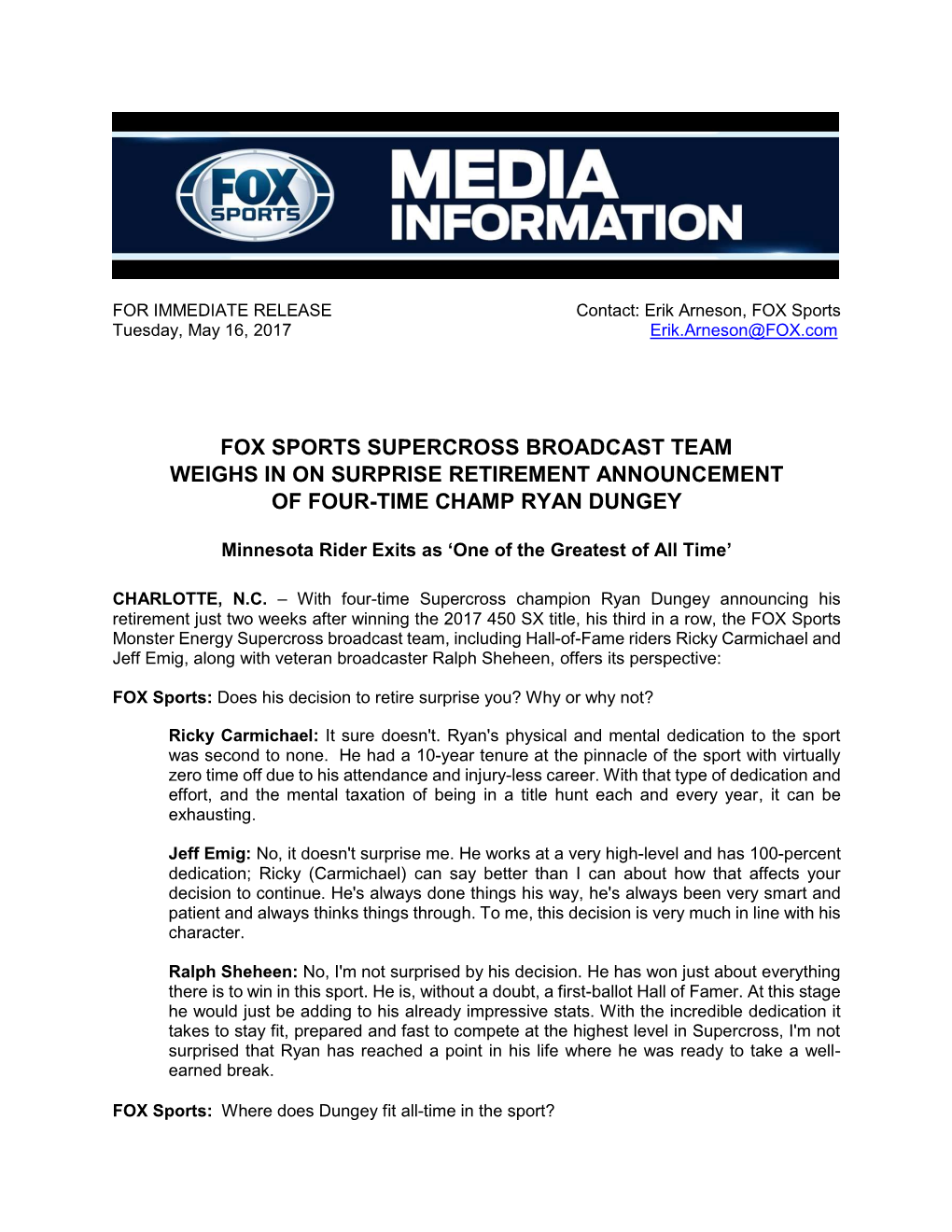 Fox Sports Supercross Broadcast Team Weighs in on Surprise Retirement Announcement of Four-Time Champ Ryan Dungey