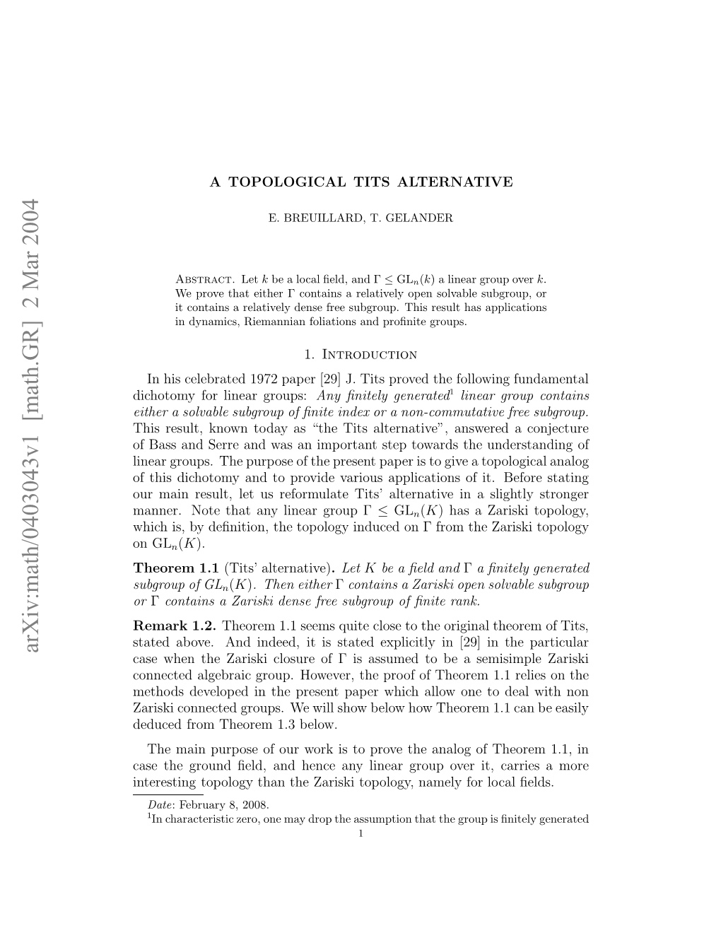 Arxiv:Math/0403043V1 [Math.GR] 2 Mar 2004 Ugopo GL of Subgroup Eak1.2