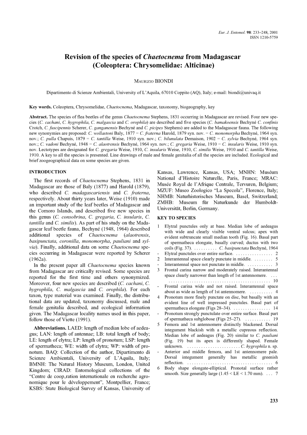Revision of the Species of Chaetocnema from Madagascar