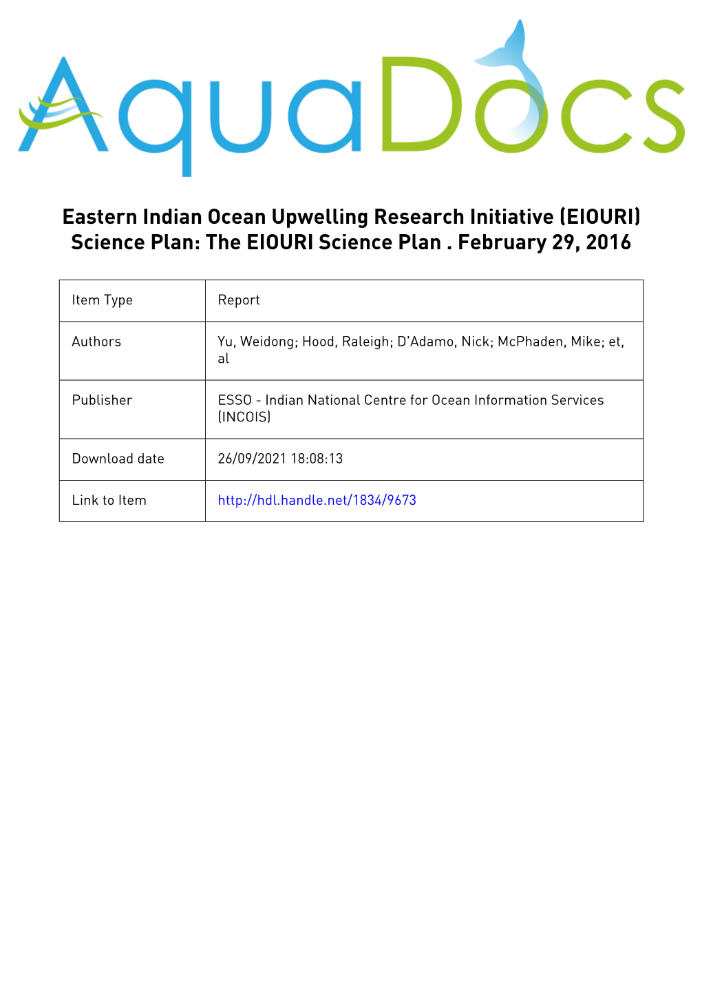 Eastern Indian Ocean Upwelling Research Initiative (EIOURI) Science Plan: the EIOURI Science Plan