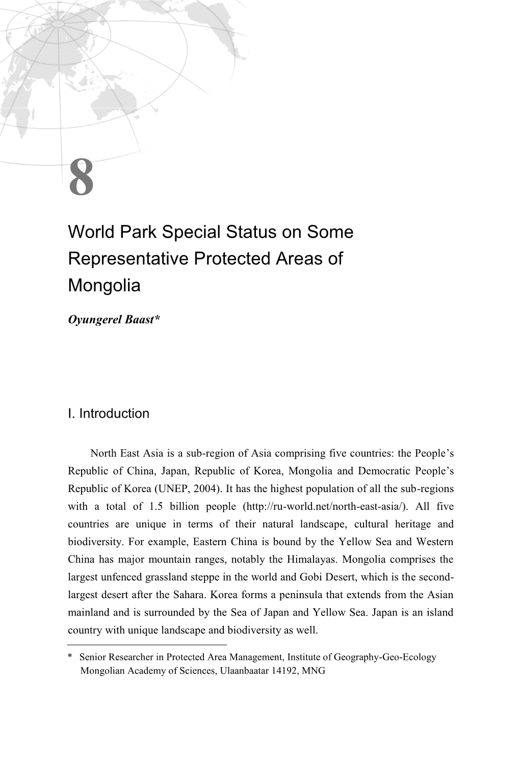 World Park Special Status on Some Representative Protected Areas of Mongolia