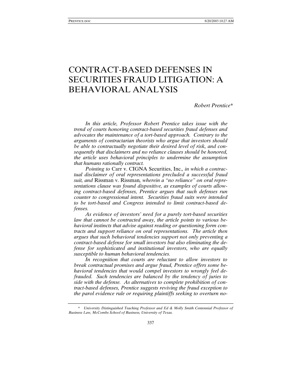 Contract-Based Defenses in Securities Fraud Litigation: a Behavioral Analysis