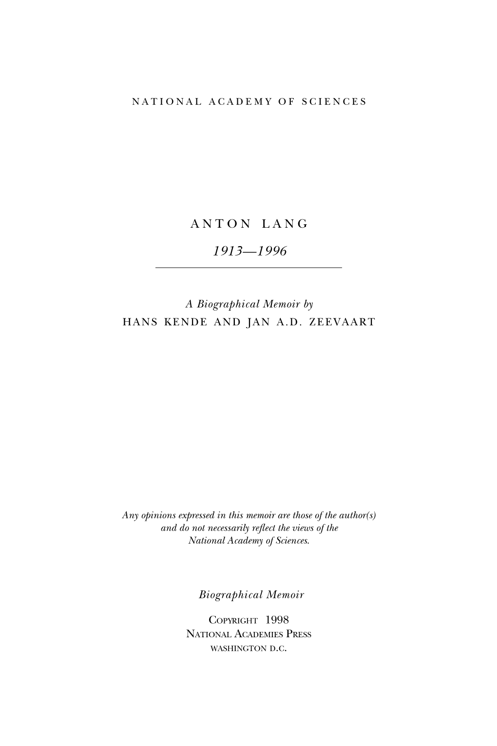 ANTON LANG January 18, 1913–June 24, 1996