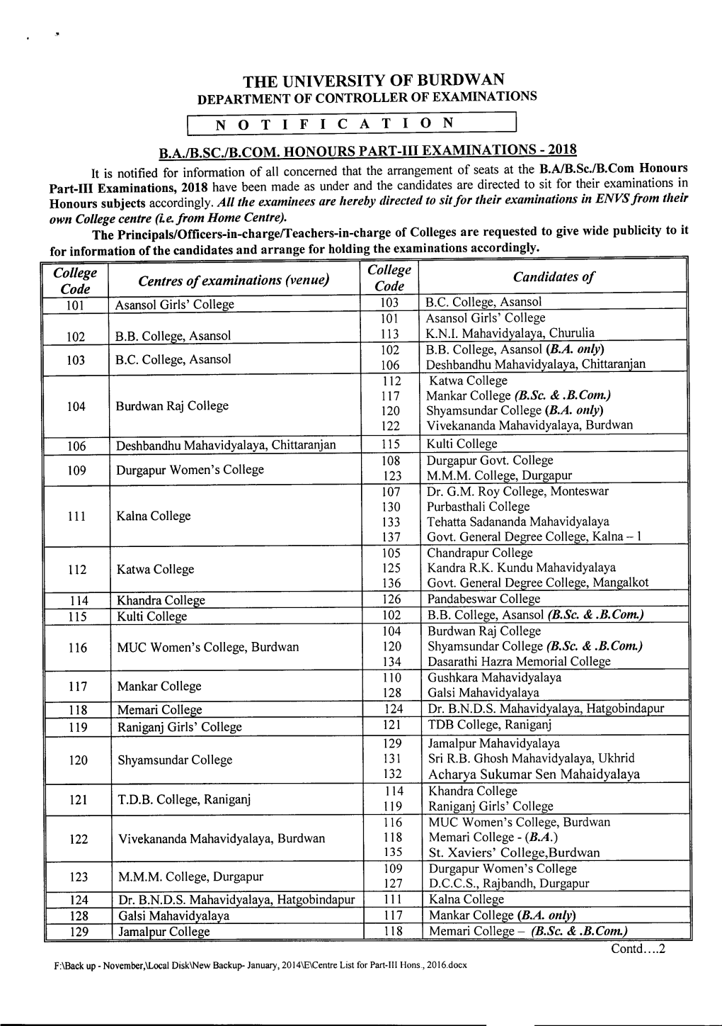 THE UNIVERSITY of BURDWAN DEPARTMENT of CONTROLLER of EXAMINATIONS NOTIFICATION B.A.IB.SC.Lb.COM