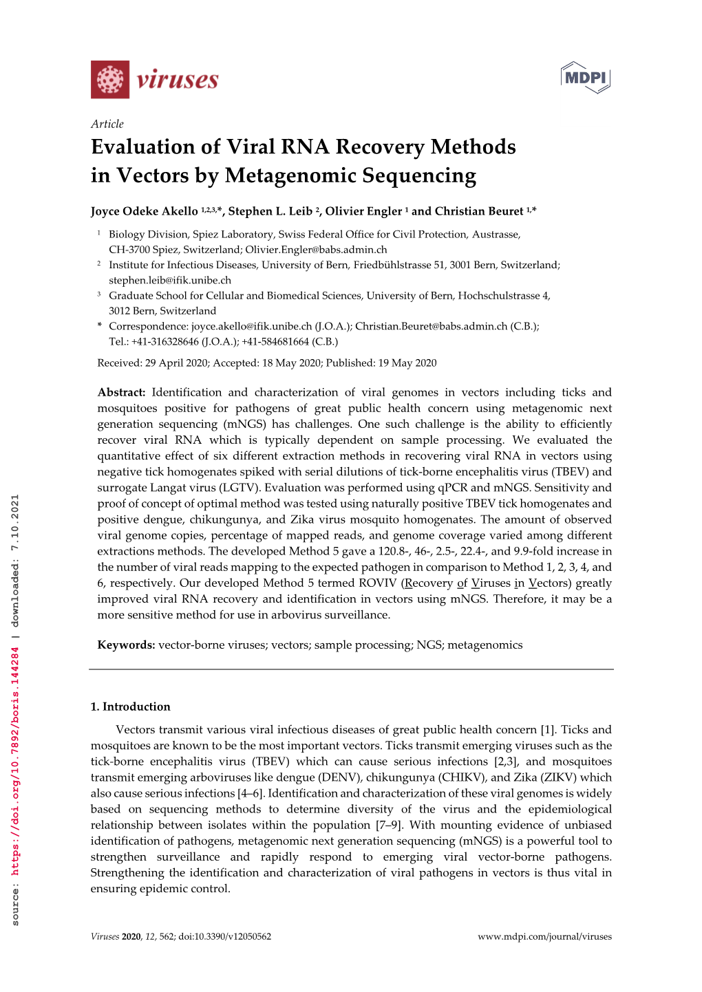 Evaluation of Viral RNA Recovery Methods in Vectors By