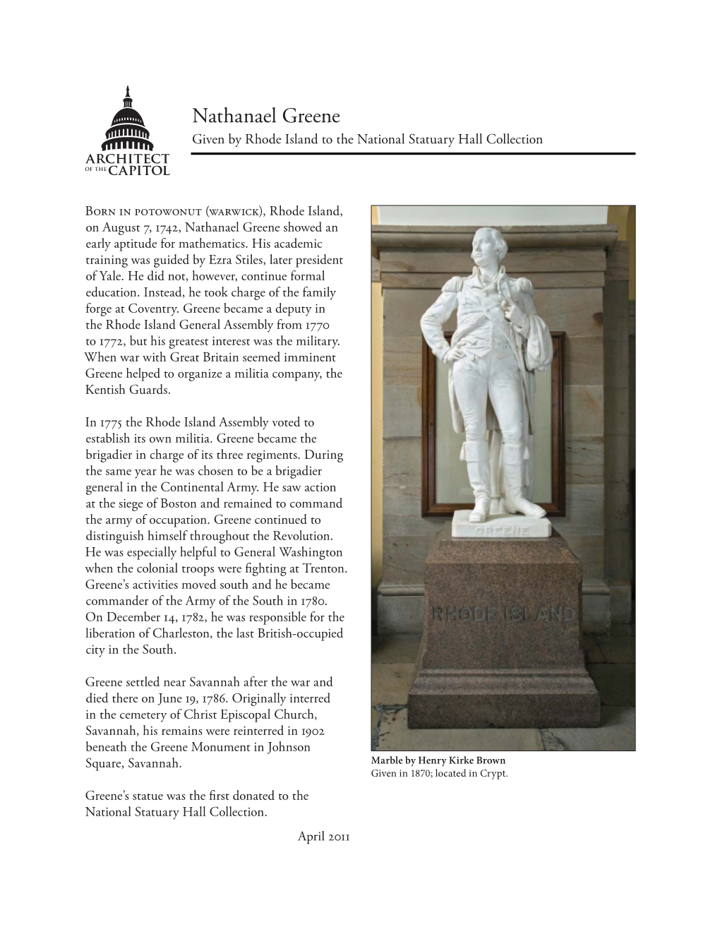 Nathanael Greene Given by Rhode Island to the National Statuary Hall Collection