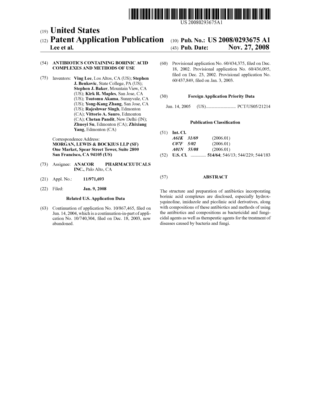 (12) Patent Application Publication (10) Pub. No.: US 2008/0293675 A1 Lee Et Al