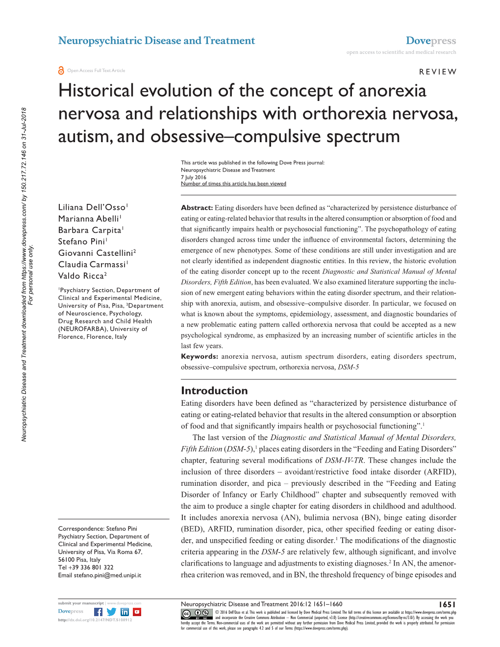 Historical Evolution of the Concept of Anorexia Nervosa and Relationships with Orthorexia Nervosa, Autism, and Obsessive–Compulsive Spectrum