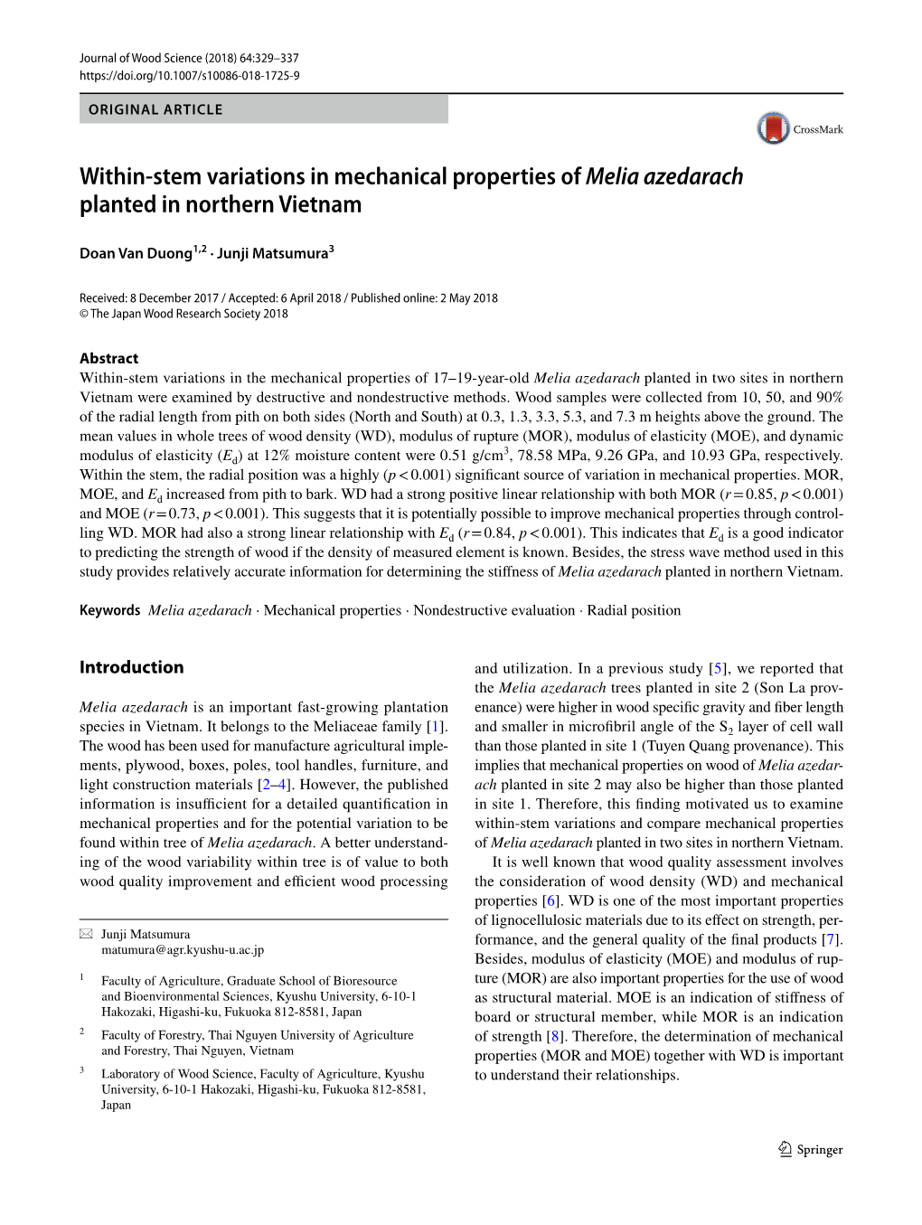 Within-Stem Variations in Mechanical Properties of Melia Azedarach Planted in Northern Vietnam