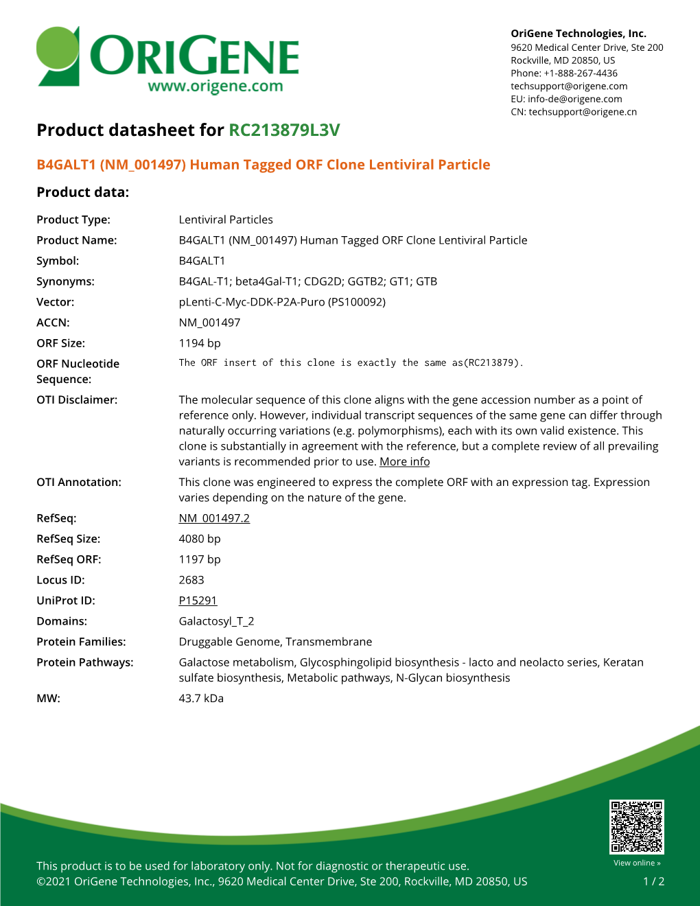 B4GALT1 (NM 001497) Human Tagged ORF Clone Lentiviral Particle Product Data