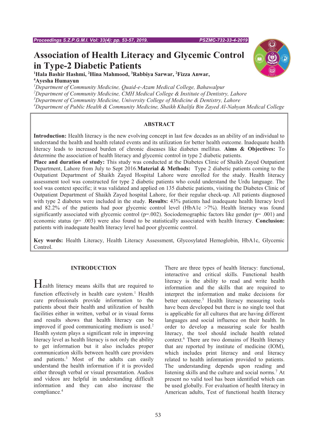 Association of Health Literacy and Glycemic Control in Type-2 Diabetic